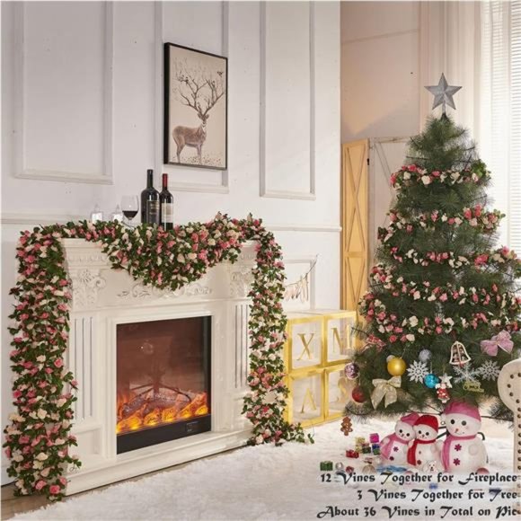 8 Pcs 66FT Flower Garland,Artificial Rose Vine Flowers with Green Leaves Hanging - Picture 4 of 6